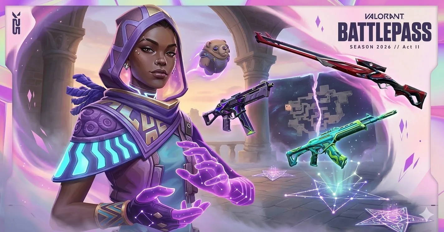 VALORANT Battle Pass artwork featuring an agent and weapon skins